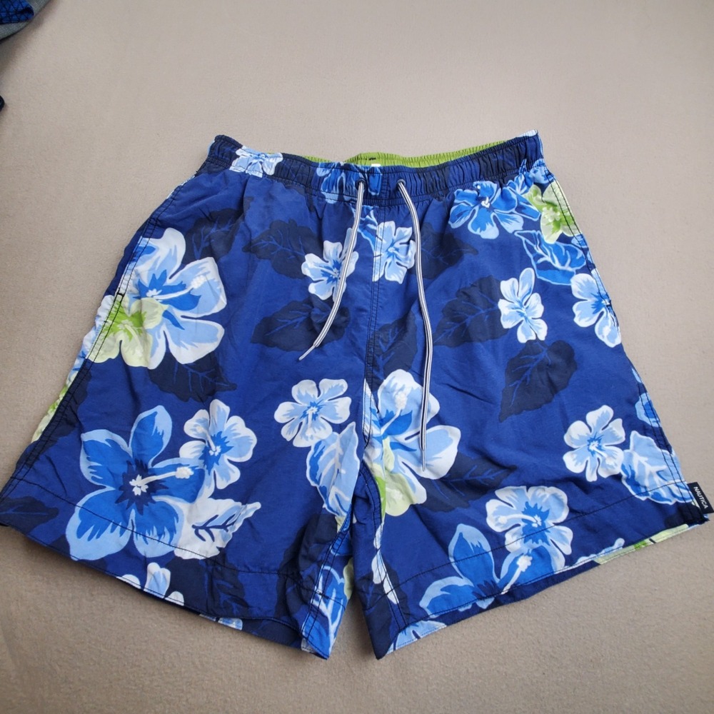 Nautica Mens Beachwear Trunks Swim Shorts Swimsuit Blue Hawaiian Print Size M